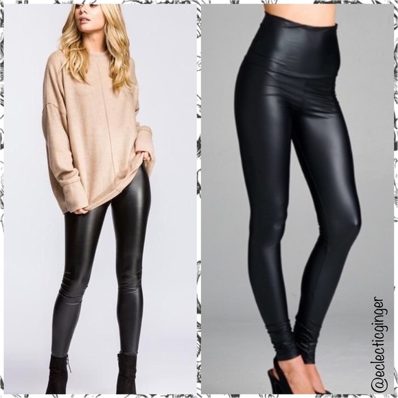 BLACK high waisted faux leather leggings - Picture 6 of 8